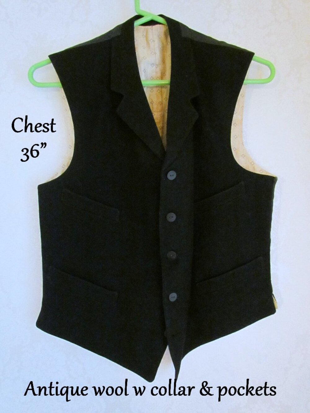 BLACK WOOL VEST, 36" CHEST, REGENCY VICTORIAN EDWARDIAN w POCKETS, FINE & DRESSY
